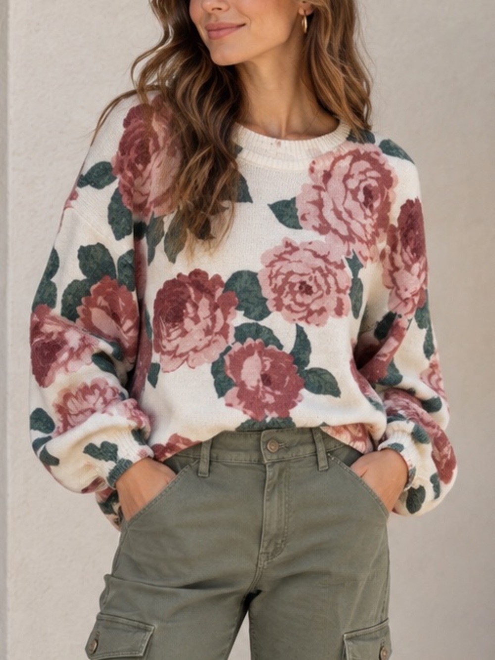 Penelope Rose Floral Rose Sweater Cream Pink Green Long Sleeve Knit M